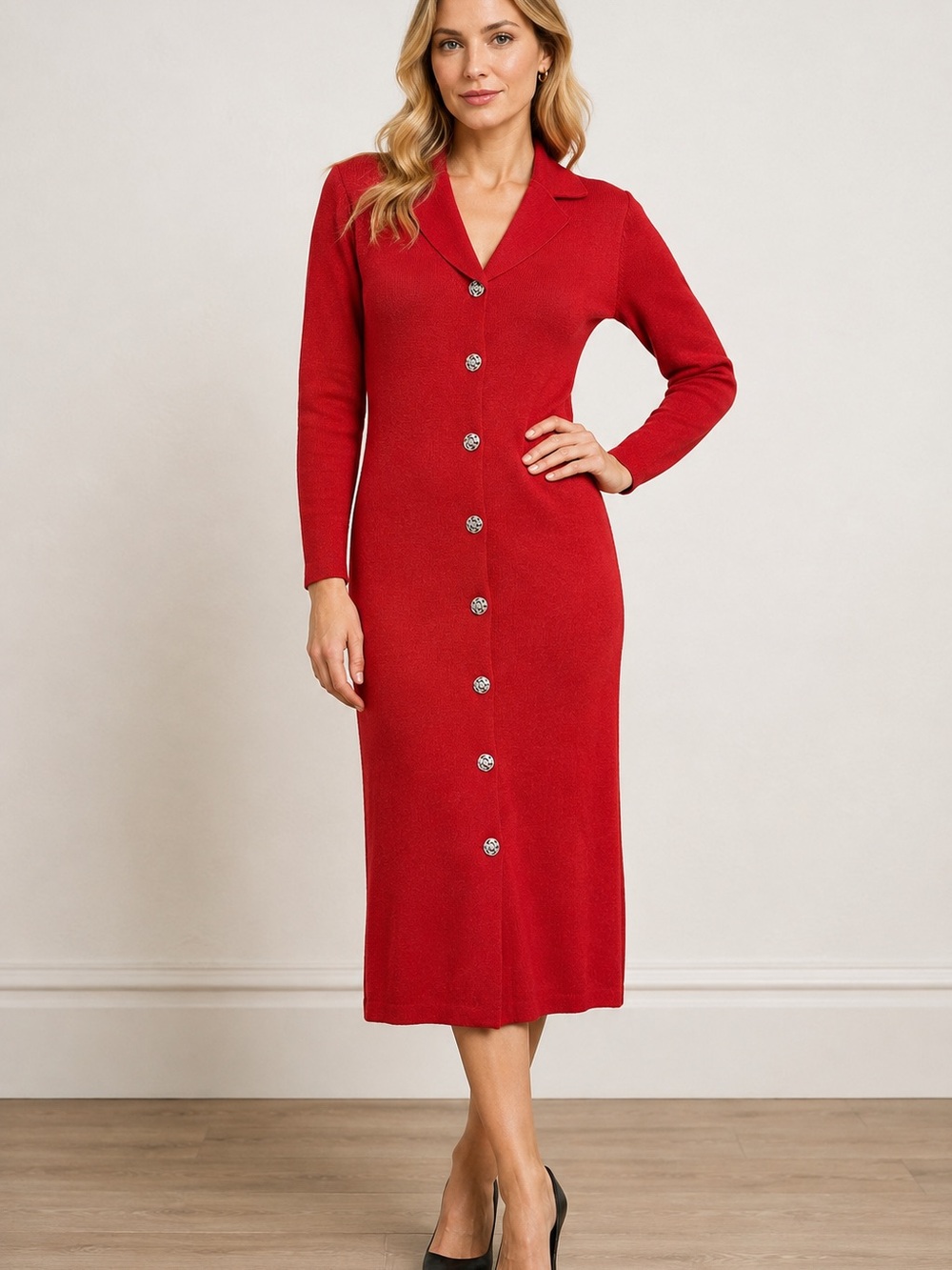 Mita Vintage Knit Shirt Dress | Red Button Front Sweater Dress | Size 8